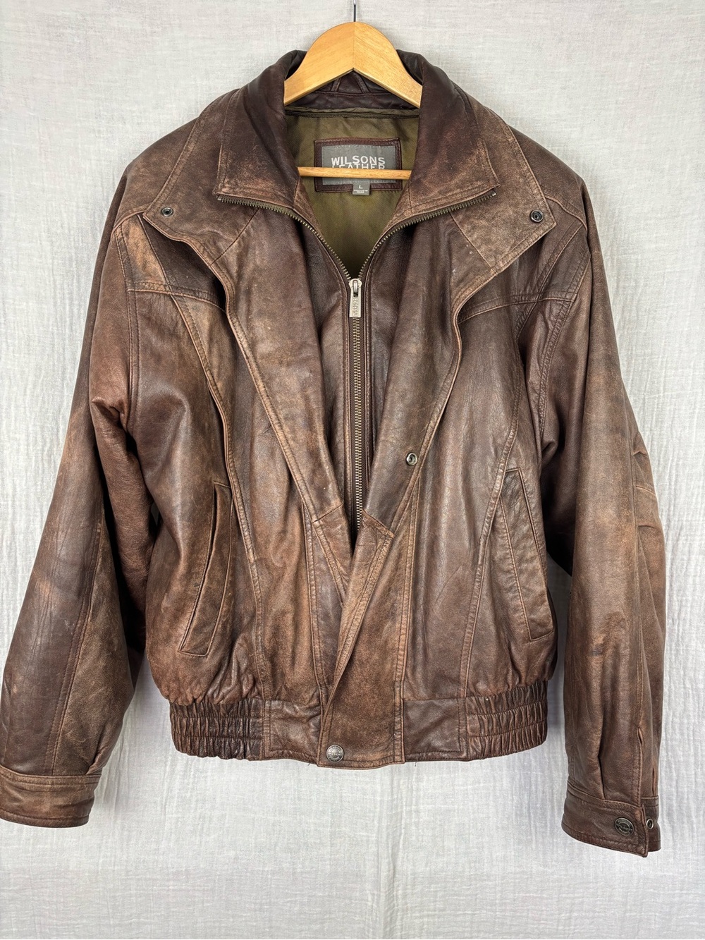 Wilsons Leather Brown Distressed Leather Bomber Jacket Y2K